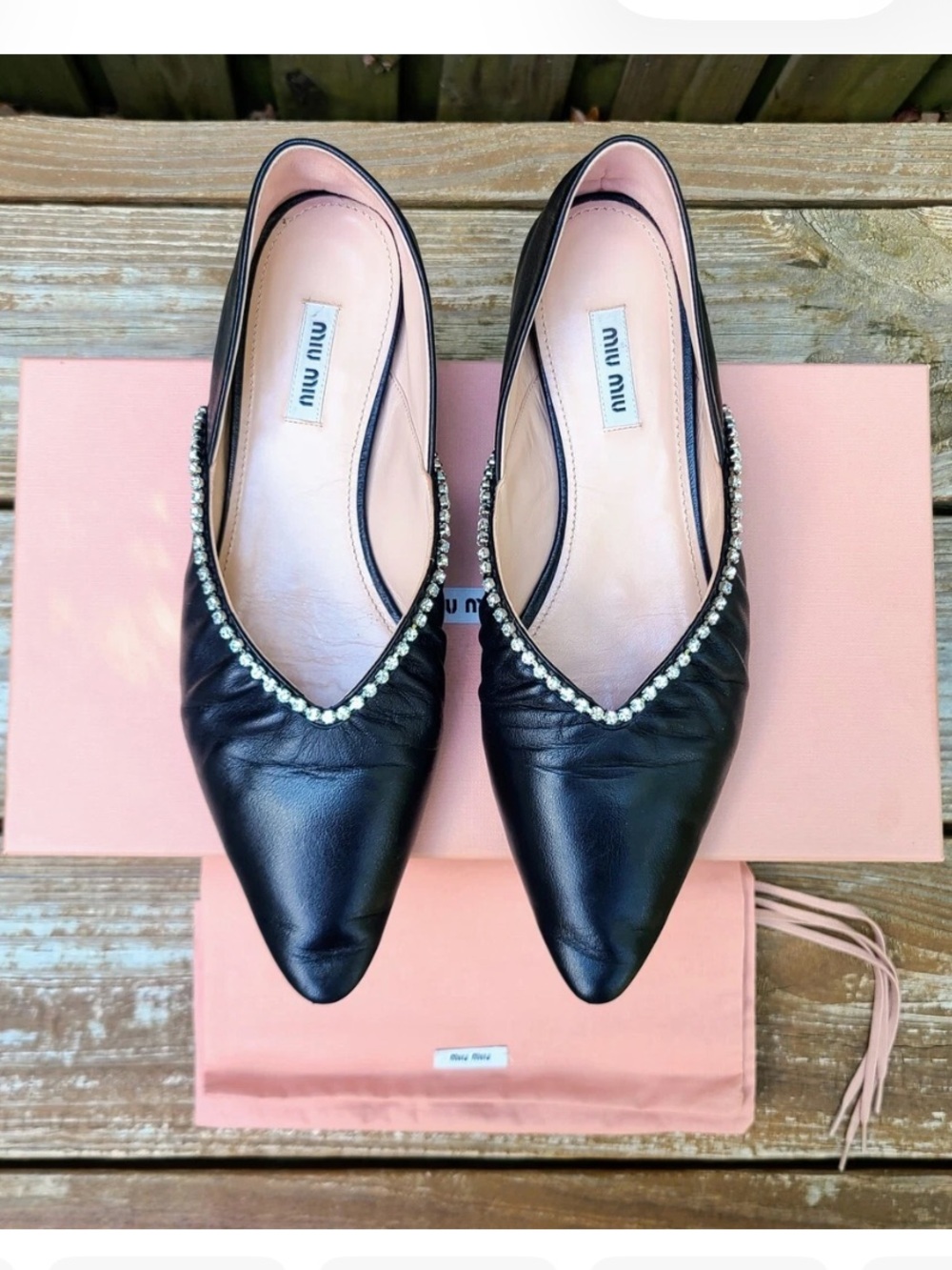 Miu Miu Black Leather Pointed Flats with Crystal Trim